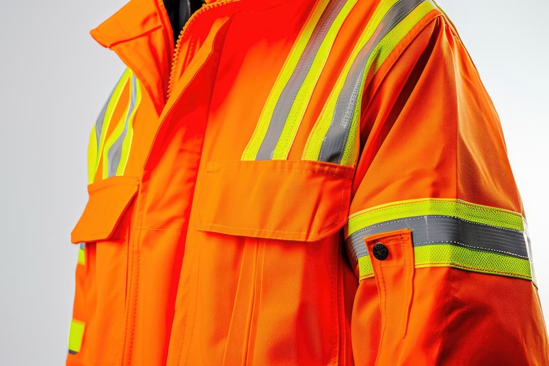 Uniforme de segurança laranja com faixas refletivas cinza e amarelas, usado por profissionais da área elétrica.