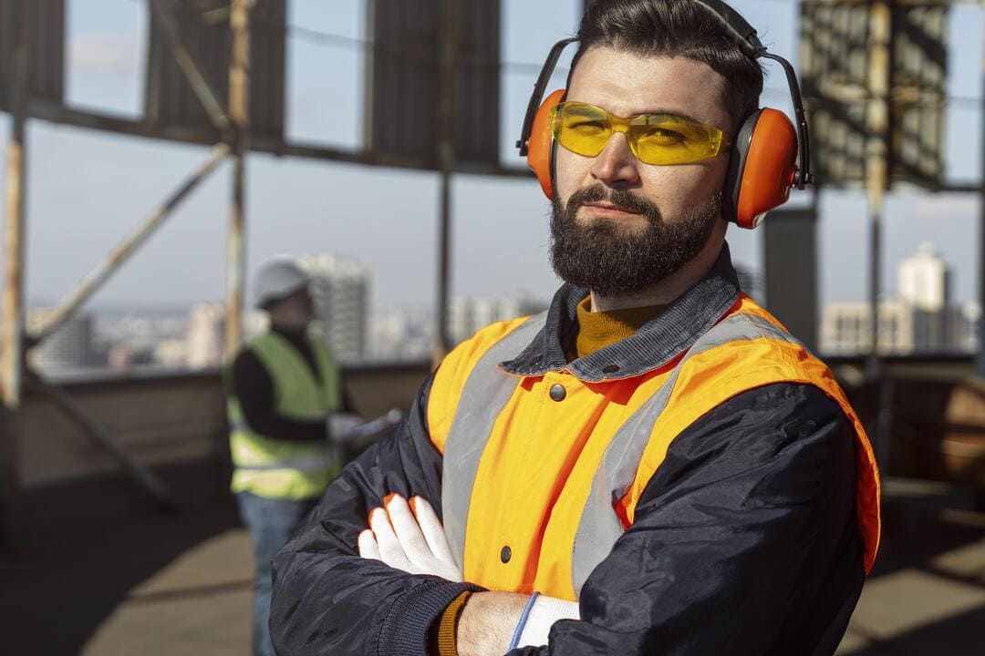 Trabalhador da construção civil usando EPI completo, incluindo protetor auricular e colete refletivo, demonstrando conformidade com o Certificado de Aprovação (CA).