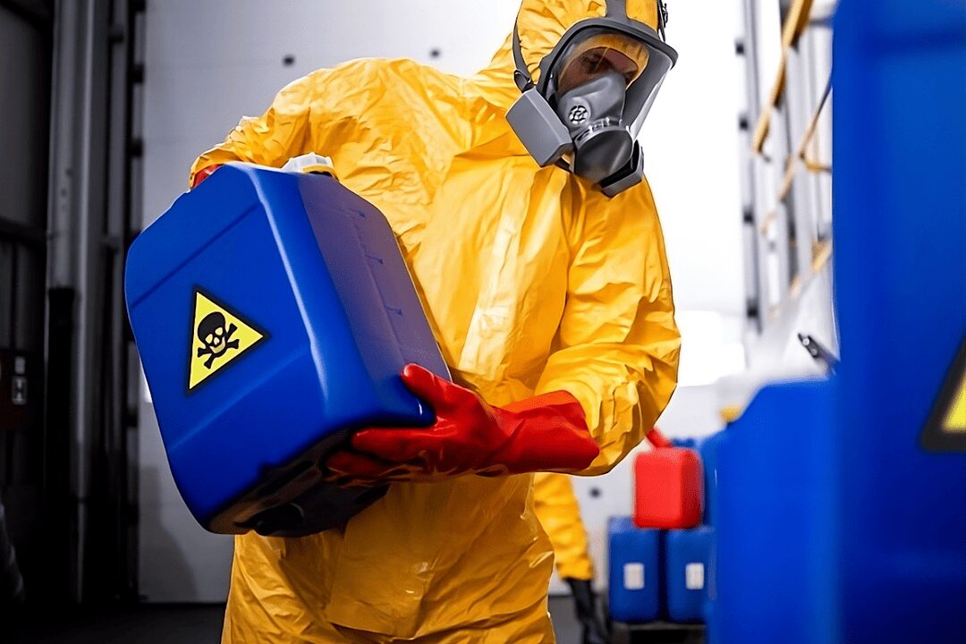 Trabalhador com traje de proteção química completa, segurando galão azul com símbolo de perigo, em ambiente industrial.