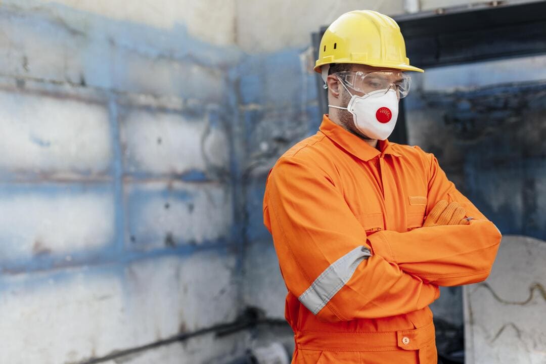 Trabalhador com uniforme de segurança laranja, capacete amarelo, óculos de proteção e máscara respiratória, seguindo normas de vestimentas de proteção.