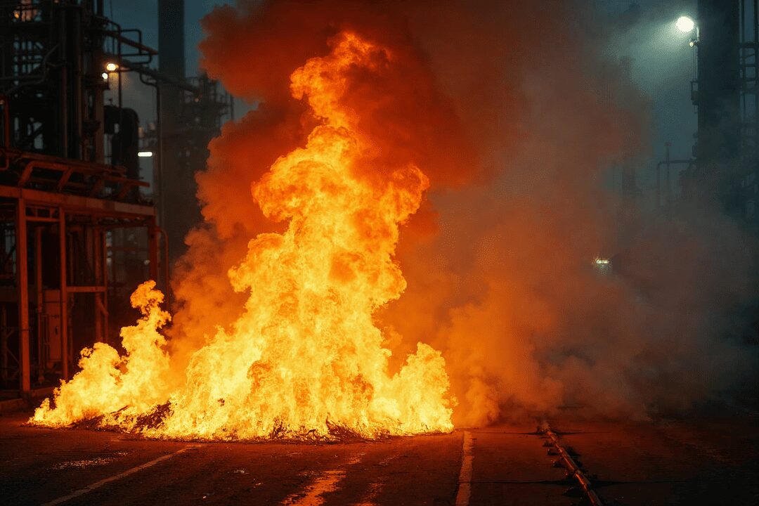 Chamas intensas em área industrial durante incêndio noturno.
