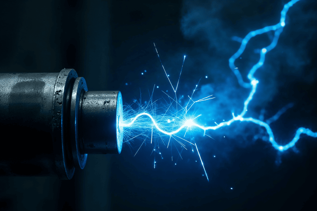 Arco elétrico azul intenso entre dois condutores metálicos em fundo escuro.