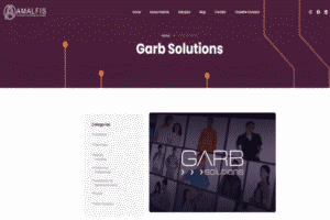 Página da web da empresa Amalfi’s Uniformes, destacando a seção “Garb Solutions”. O topo da página possui fundo roxo com linhas e pontos alaranjados, logo da marca à esquerda e menu de navegação no topo. Abaixo, há uma área com o título “Garb Solutions” e uma imagem de pessoas usando diferentes tipos de uniformes, com o logotipo “Garb Solutions” sobreposto. À esquerda, um menu de categorias com opções como Soldador, Eletricista e Uniformes Profissionais.