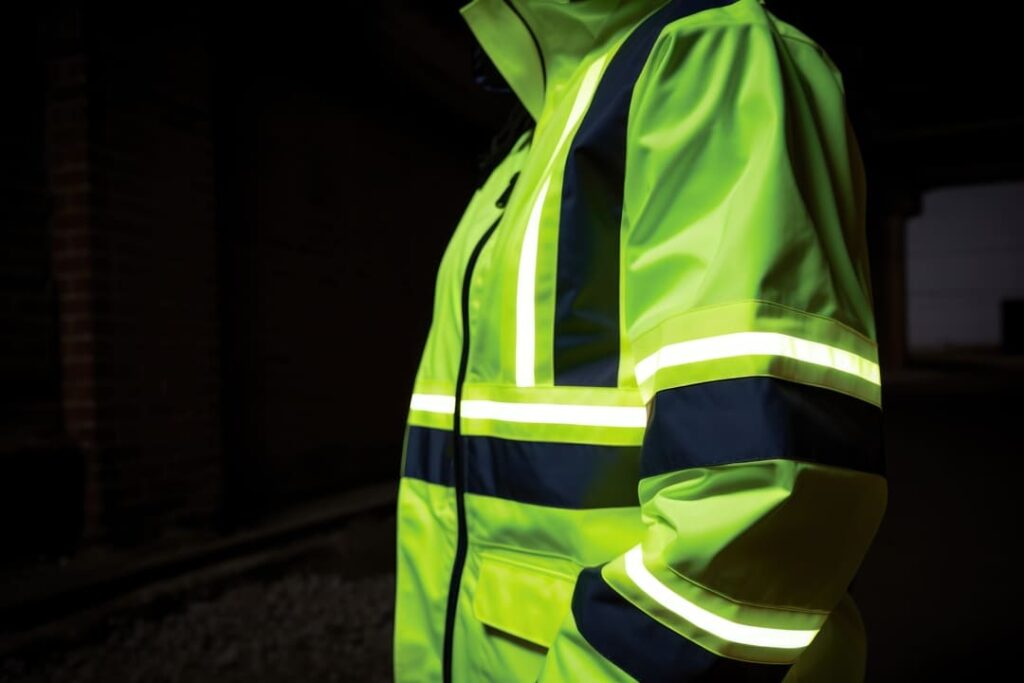 Uniforme de alta visibilidade na cor amarela fluorescente com faixas refletivas brancas e detalhes em azul-marinho, usado em ambientes de baixa luminosidade.