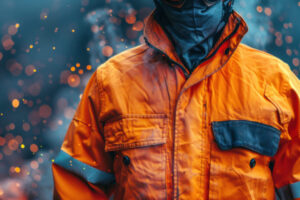 Pessoa vestindo uniforme de proteção laranja com detalhes escuros, cercada por faíscas, usada em ambientes de alto risco como proteção contra arco elétrico.