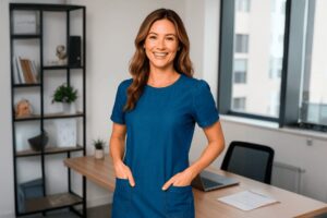 Mulher sorridente com vestido azul de tecido liocel, em um escritório moderno.