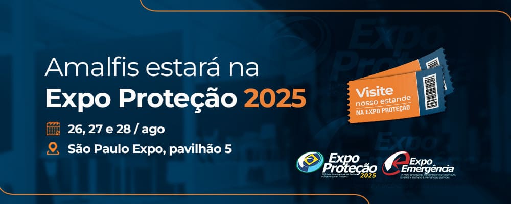 Banner da participação da Amalfis na Expo Proteção 2025, com datas, local e convite para visitar o estande.
